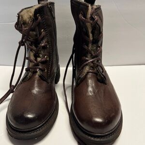 Frye Brown Leather Faux Fur Lined Lace-Up Combat Boots